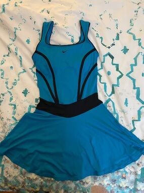 Nike Dry fit Teal Blue Athletic Tennis Dress with Black Waistband Sz S